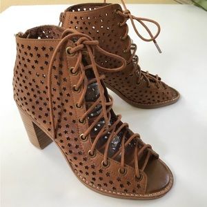 Jeffrey Campbell 'Cors' Tan Leather Floral Laser Cut Out Lace Up Booties